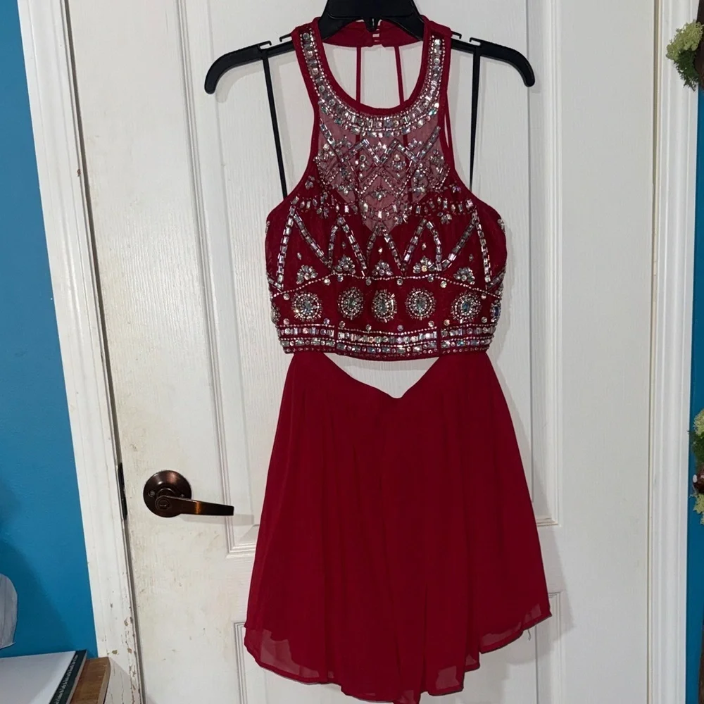 two piece homecoming dresses Long Sleeve See Through Lace Top Hoco Dress ARD1548 Pink Sizes 2-Piece Short Dresses | Two